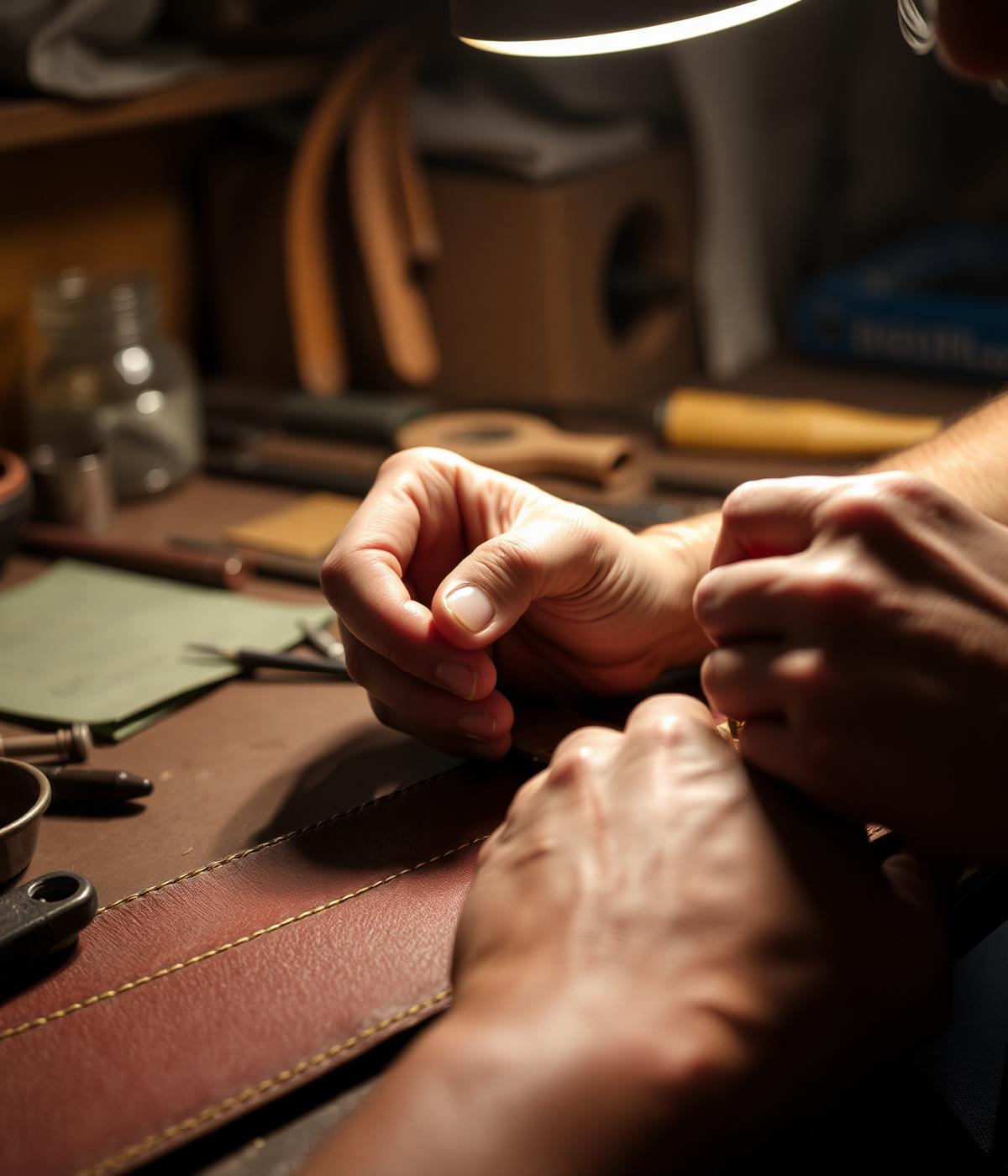 Mani che cuciono la pelle nella bottega